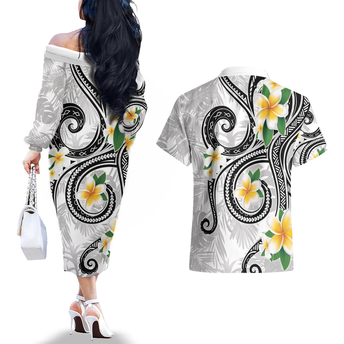 Kanaka Maoli Hawaii Plumeria Couples Matching Off The Shoulder Long Sleeve Dress and Hawaiian Shirt Dancing Tentacles White Style LT7 - Polynesian Pride