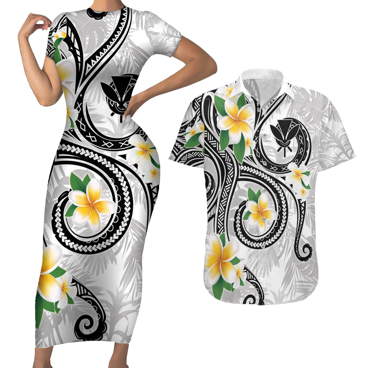 Kanaka Maoli Hawaii Plumeria Couples Matching Short Sleeve Bodycon Dress and Hawaiian Shirt Dancing Tentacles White Style LT7 White - Polynesian Pride