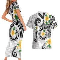 Kanaka Maoli Hawaii Plumeria Couples Matching Short Sleeve Bodycon Dress and Hawaiian Shirt Dancing Tentacles White Style LT7 - Polynesian Pride