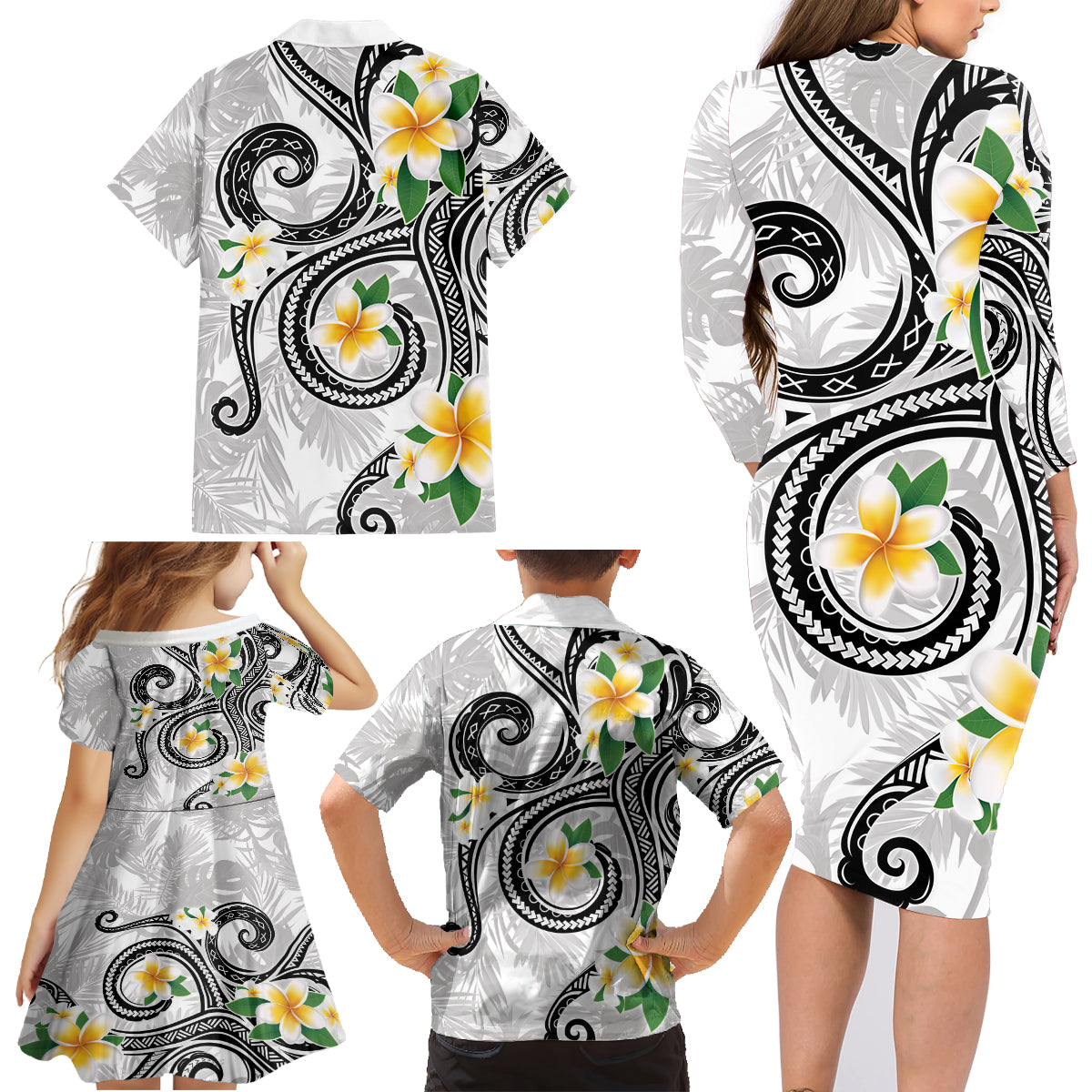 Kanaka Maoli Hawaii Plumeria Family Matching Long Sleeve Bodycon Dress and Hawaiian Shirt Dancing Tentacles White Style LT7 - Polynesian Pride