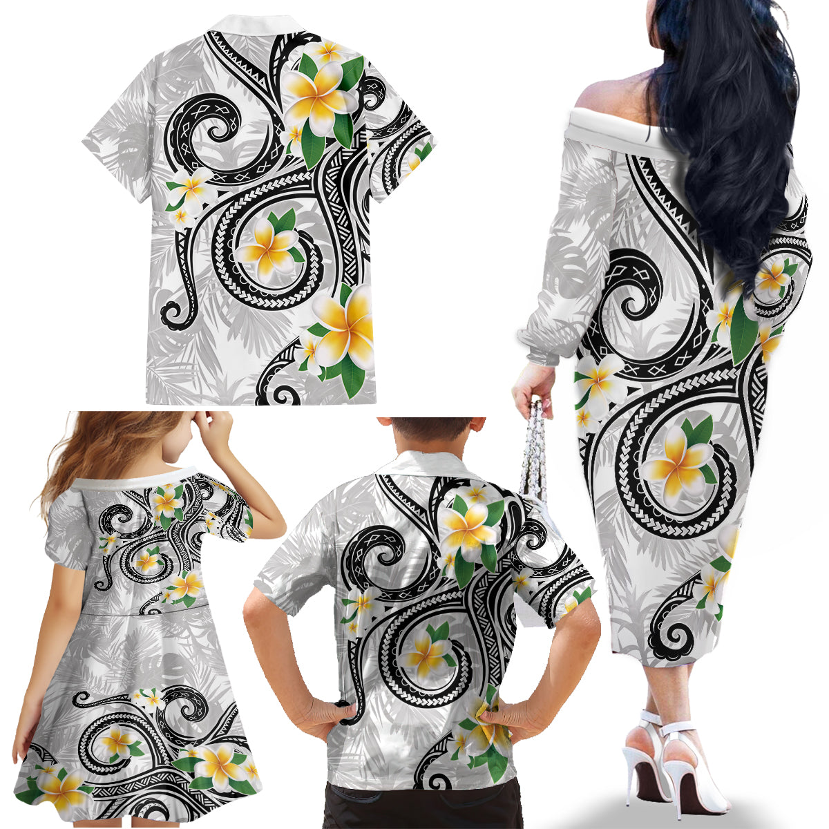 Kanaka Maoli Hawaii Plumeria Family Matching Off The Shoulder Long Sleeve Dress and Hawaiian Shirt Dancing Tentacles White Style LT7 - Polynesian Pride