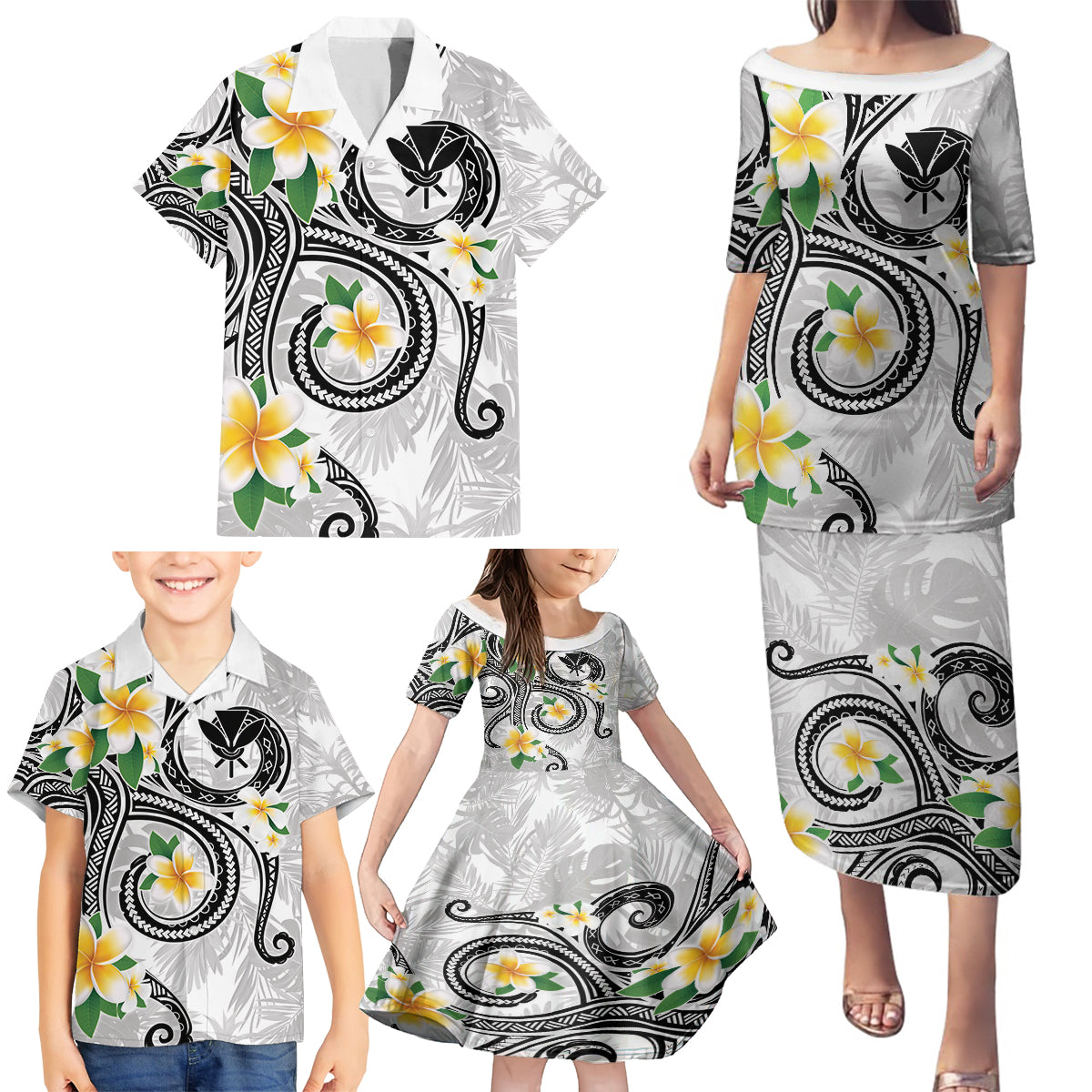 Kanaka Maoli Hawaii Plumeria Family Matching Puletasi and Hawaiian Shirt Dancing Tentacles White Style LT7 - Polynesian Pride