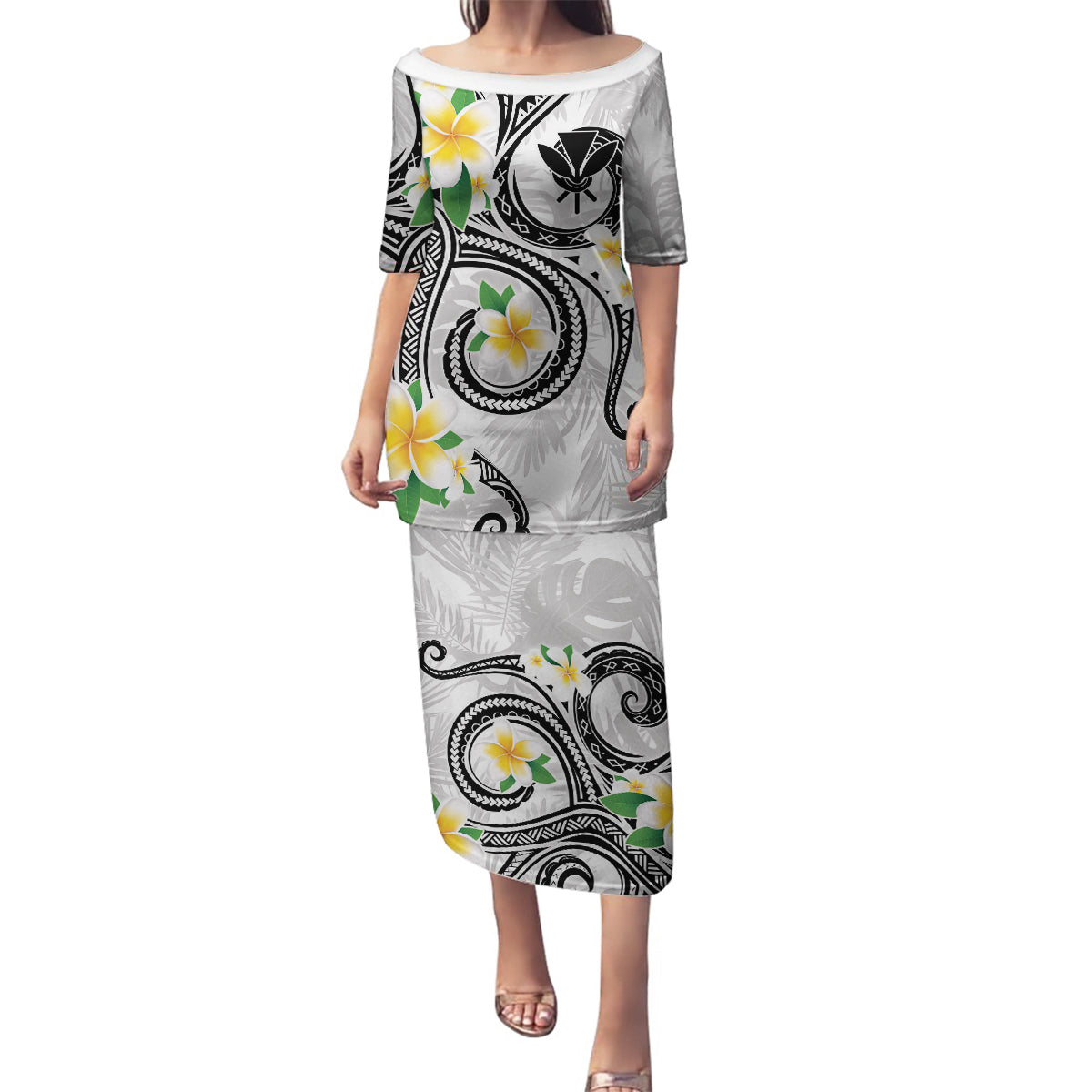 Kanaka Maoli Hawaii Plumeria Family Matching Puletasi and Hawaiian Shirt Dancing Tentacles White Style LT7 Mom's Dress White - Polynesian Pride