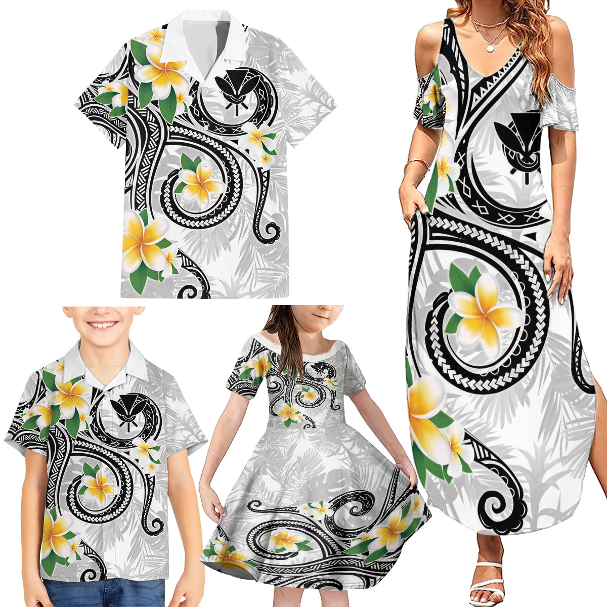 Kanaka Maoli Hawaii Plumeria Family Matching Summer Maxi Dress and Hawaiian Shirt Dancing Tentacles White Style LT7 - Polynesian Pride
