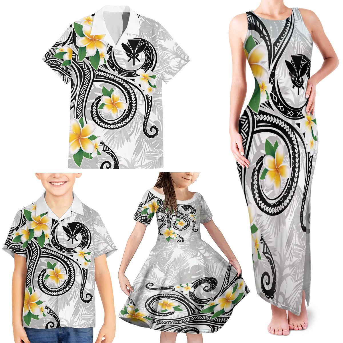 Kanaka Maoli Hawaii Plumeria Family Matching Tank Maxi Dress and Hawaiian Shirt Dancing Tentacles White Style LT7 - Polynesian Pride