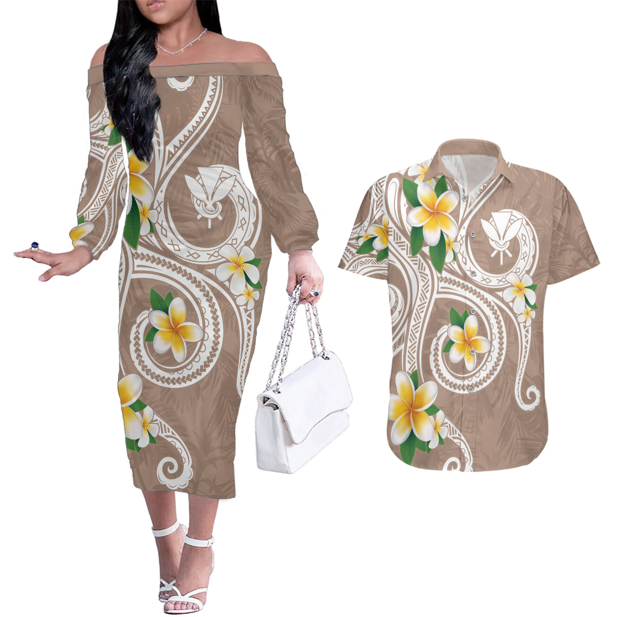 Kanaka Maoli Hawaii Plumeria Couples Matching Off The Shoulder Long Sleeve Dress and Hawaiian Shirt Dancing Tentacles Beige Style LT7 Beige - Polynesian Pride