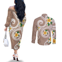 Kanaka Maoli Hawaii Plumeria Couples Matching Off The Shoulder Long Sleeve Dress and Long Sleeve Button Shirt Dancing Tentacles Beige Style LT7 - Polynesian Pride