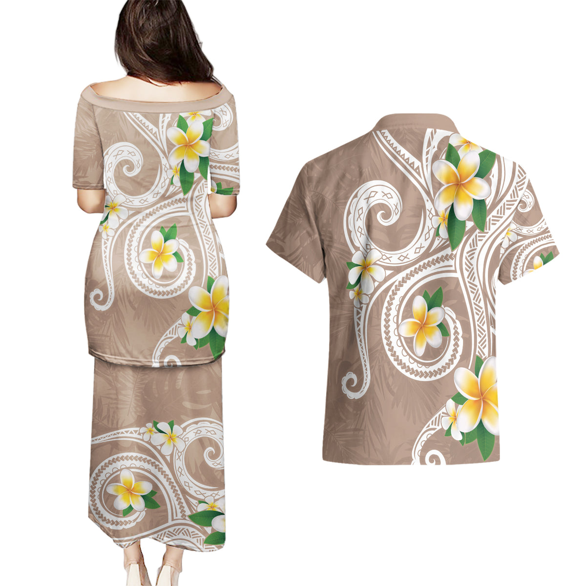 Kanaka Maoli Hawaii Plumeria Couples Matching Puletasi and Hawaiian Shirt Dancing Tentacles Beige Style
