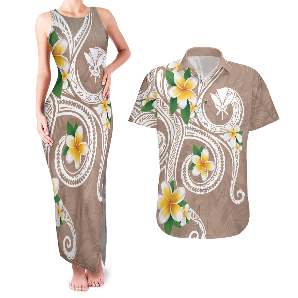 Kanaka Maoli Hawaii Plumeria Couples Matching Tank Maxi Dress and Hawaiian Shirt Dancing Tentacles Beige Style LT7 Beige - Polynesian Pride