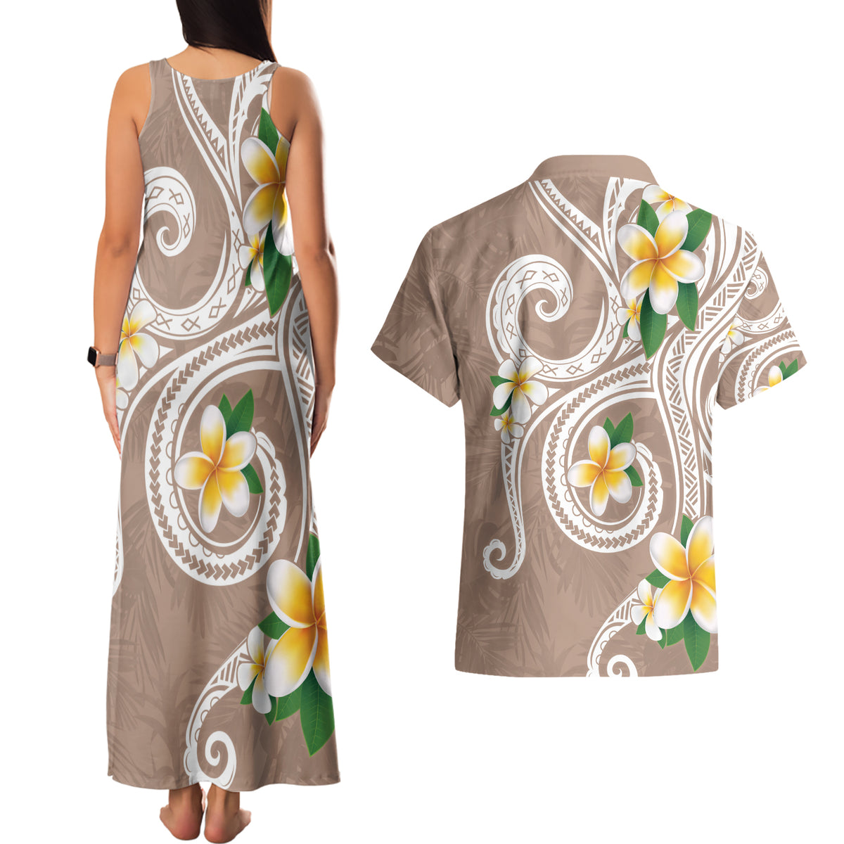 Kanaka Maoli Hawaii Plumeria Couples Matching Tank Maxi Dress and Hawaiian Shirt Dancing Tentacles Beige Style LT7 - Polynesian Pride