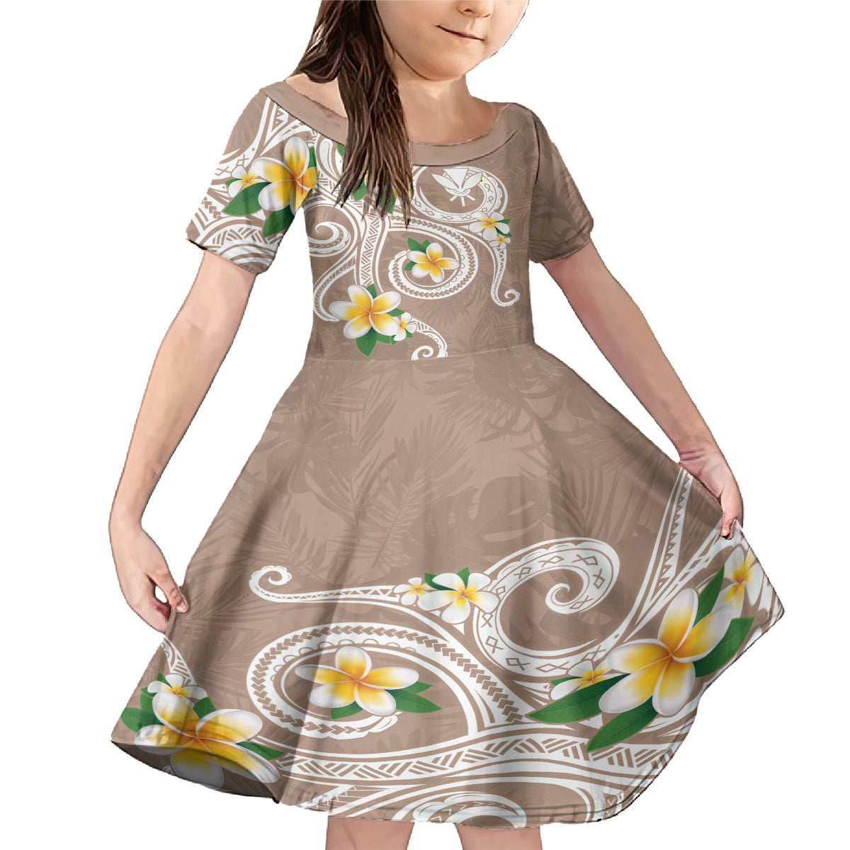 Kanaka Maoli Hawaii Plumeria Family Matching Mermaid Dress and Hawaiian Shirt Dancing Tentacles Beige Style LT7 Daughter's Dress Beige - Polynesian Pride