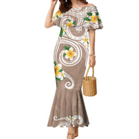 Kanaka Maoli Hawaii Plumeria Family Matching Mermaid Dress and Hawaiian Shirt Dancing Tentacles Beige Style LT7 Mom's Dress Beige - Polynesian Pride