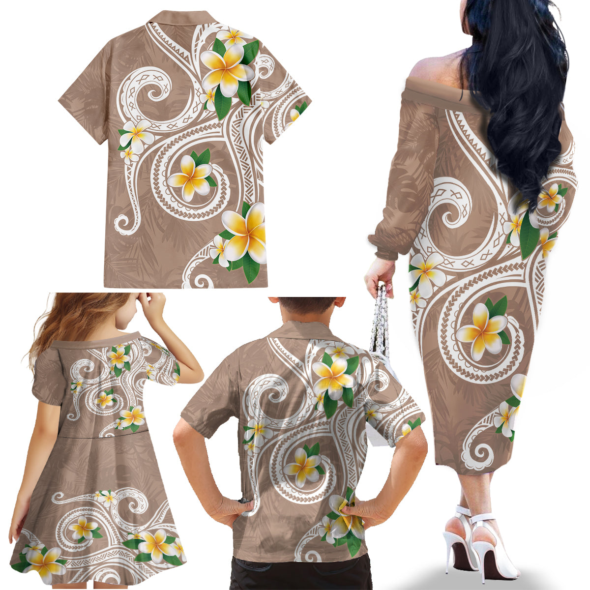 Kanaka Maoli Hawaii Plumeria Family Matching Off The Shoulder Long Sleeve Dress and Hawaiian Shirt Dancing Tentacles Beige Style LT7 - Polynesian Pride