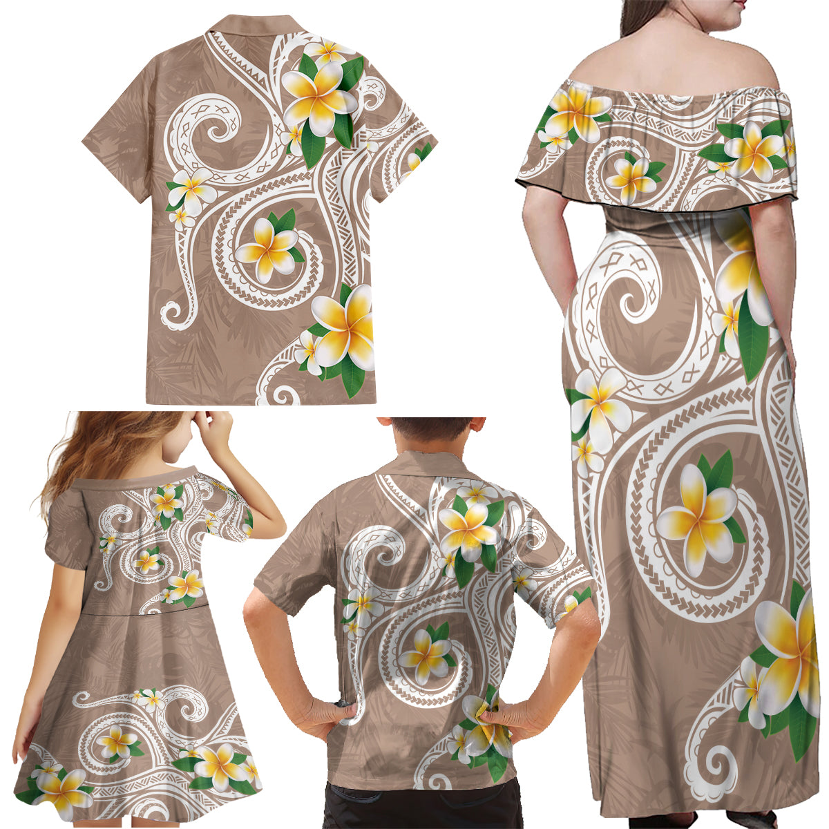 Kanaka Maoli Hawaii Plumeria Family Matching Off Shoulder Maxi Dress and Hawaiian Shirt Dancing Tentacles Beige Style LT7 - Polynesian Pride