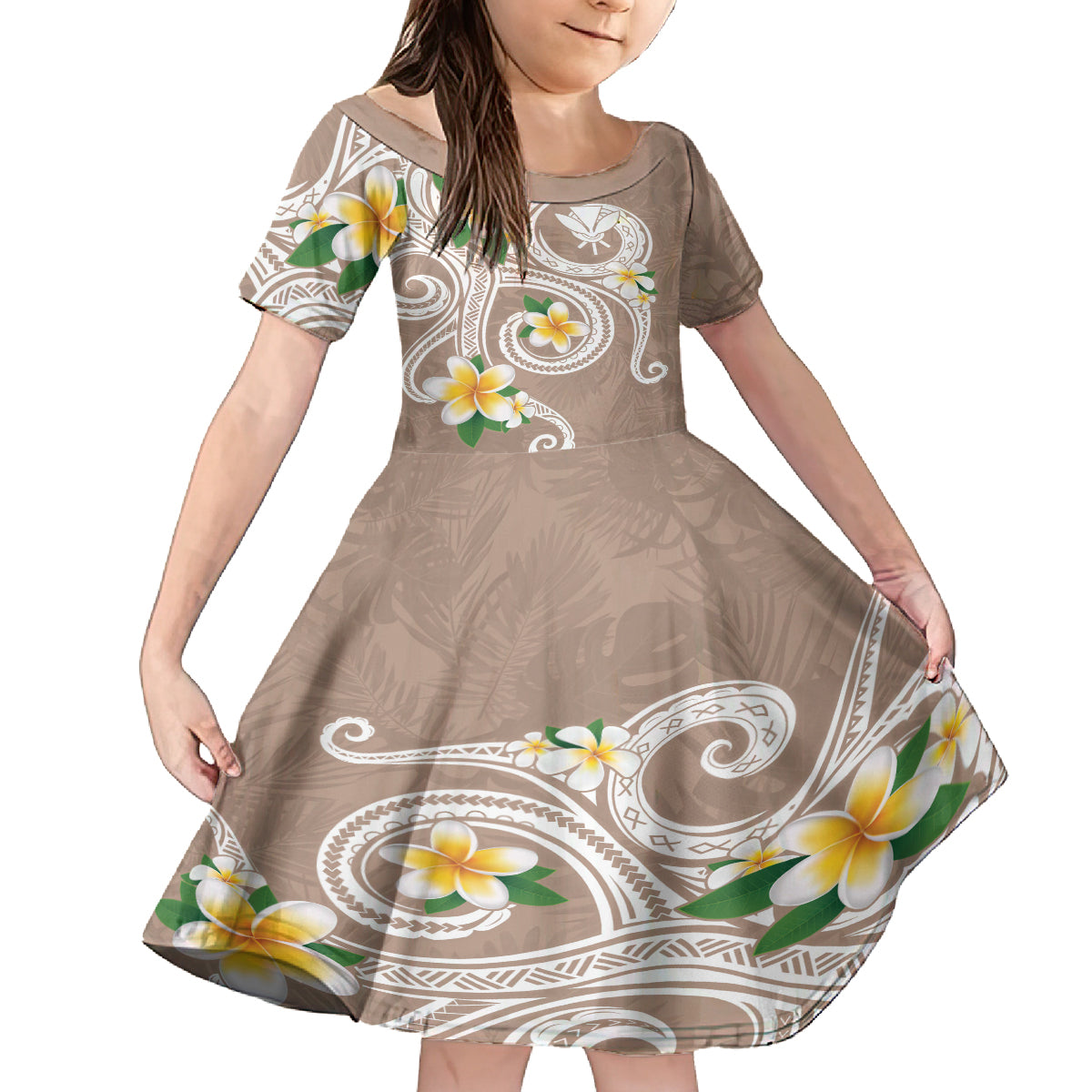 Kanaka Maoli Hawaii Plumeria Family Matching Summer Maxi Dress and Hawaiian Shirt Dancing Tentacles Beige Style LT7 Daughter's Dress Beige - Polynesian Pride