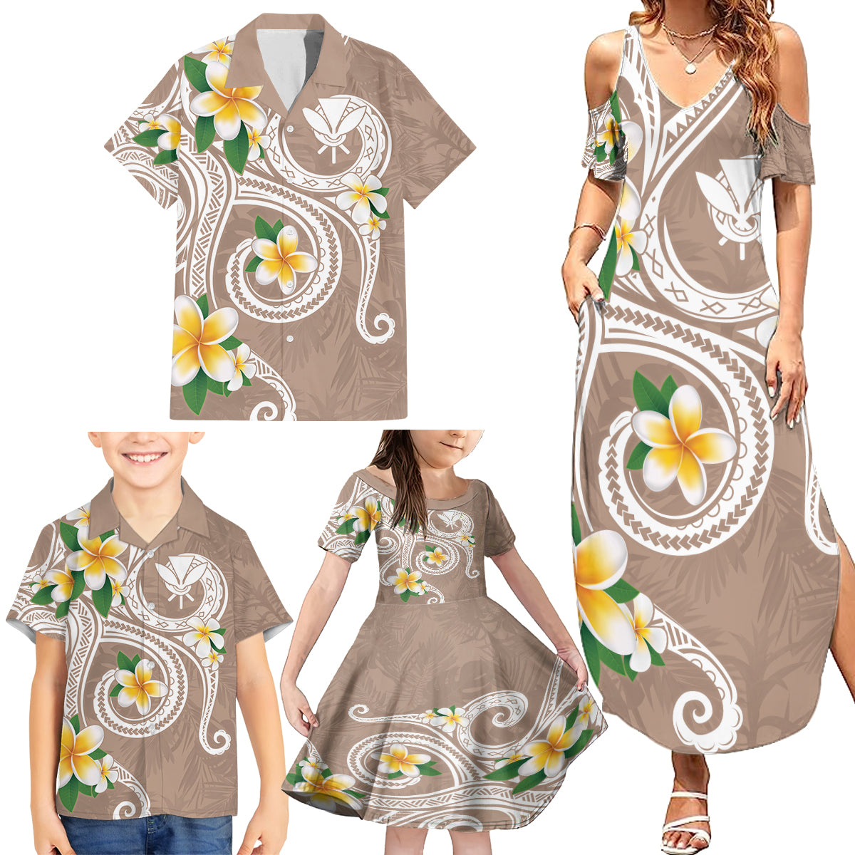 Kanaka Maoli Hawaii Plumeria Family Matching Summer Maxi Dress and Hawaiian Shirt Dancing Tentacles Beige Style LT7 - Polynesian Pride