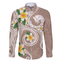 Kanaka Maoli Hawaii Plumeria Family Matching Tank Maxi Dress and Hawaiian Shirt Dancing Tentacles Beige Style LT7 Dad's Shirt - Long Sleeve Beige - Polynesian Pride