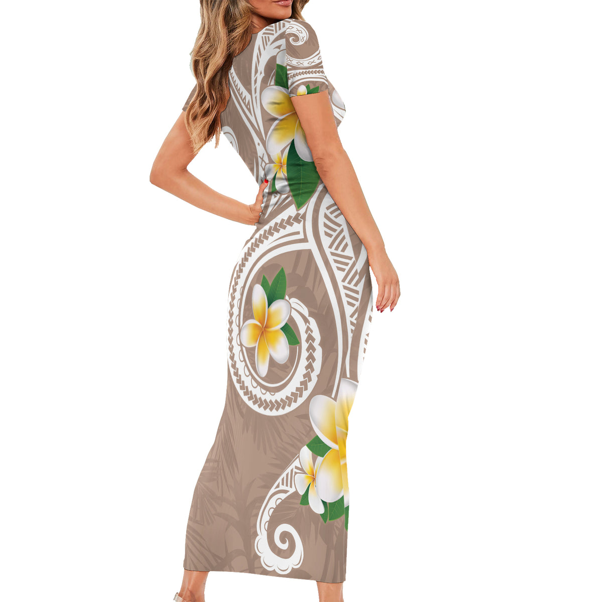 Kanaka Maoli Hawaii Plumeria Short Sleeve Bodycon Dress Dancing Tentacles Beige Style