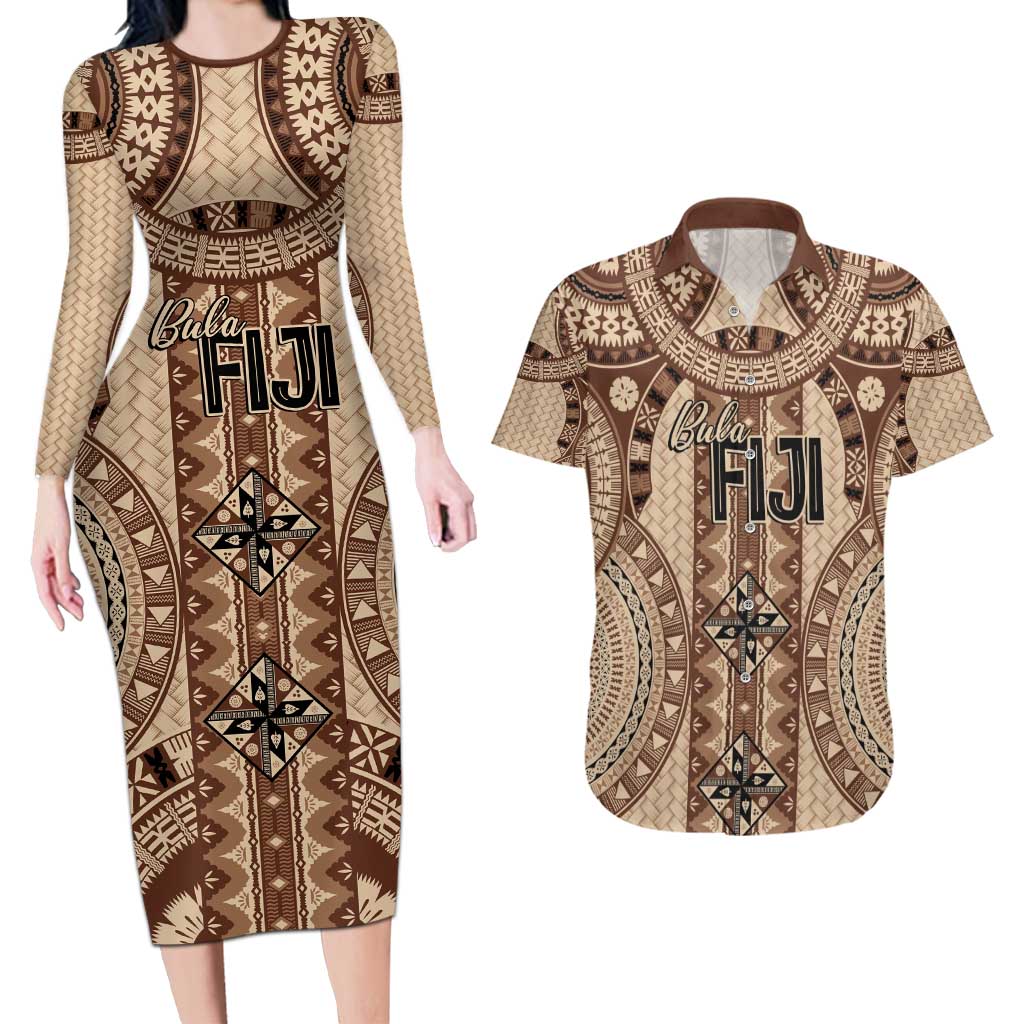 Bula Fiji Vintage Couples Matching Long Sleeve Bodycon Dress and Hawaiian Shirt Brown Masi Motifs LT7 Brown - Polynesian Pride