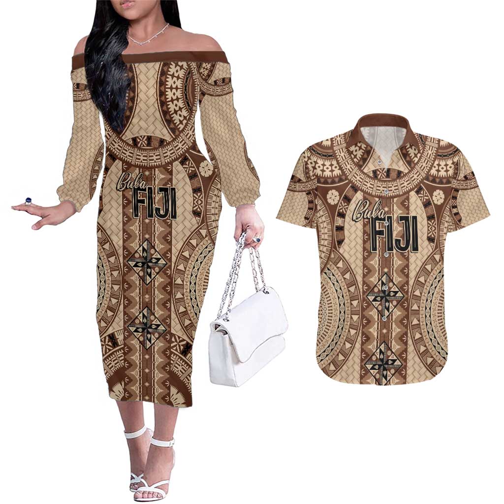 Bula Fiji Vintage Couples Matching Off The Shoulder Long Sleeve Dress and Hawaiian Shirt Brown Masi Motifs LT7 Brown - Polynesian Pride