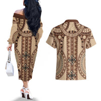 Bula Fiji Vintage Couples Matching Off The Shoulder Long Sleeve Dress and Hawaiian Shirt Brown Masi Motifs LT7 - Polynesian Pride