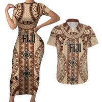 Bula Fiji Vintage Couples Matching Short Sleeve Bodycon Dress and Hawaiian Shirt Brown Masi Motifs LT7 Brown - Polynesian Pride