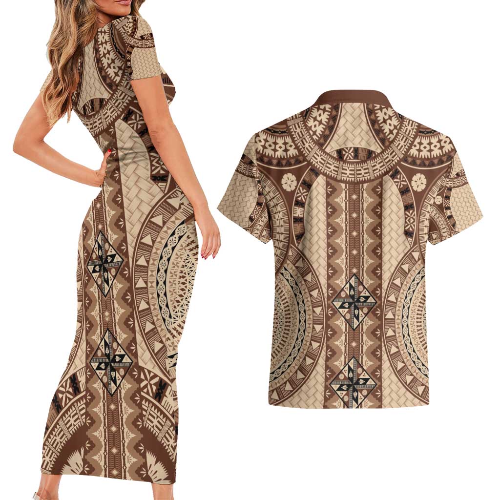 Bula Fiji Vintage Couples Matching Short Sleeve Bodycon Dress and Hawaiian Shirt Brown Masi Motifs LT7 - Polynesian Pride
