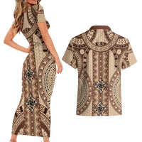 Bula Fiji Vintage Couples Matching Short Sleeve Bodycon Dress and Hawaiian Shirt Brown Masi Motifs LT7 - Polynesian Pride