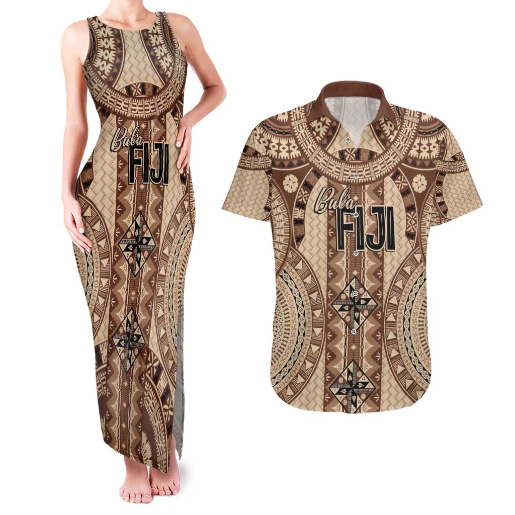 Bula Fiji Vintage Couples Matching Tank Maxi Dress and Hawaiian Shirt Brown Masi Motifs