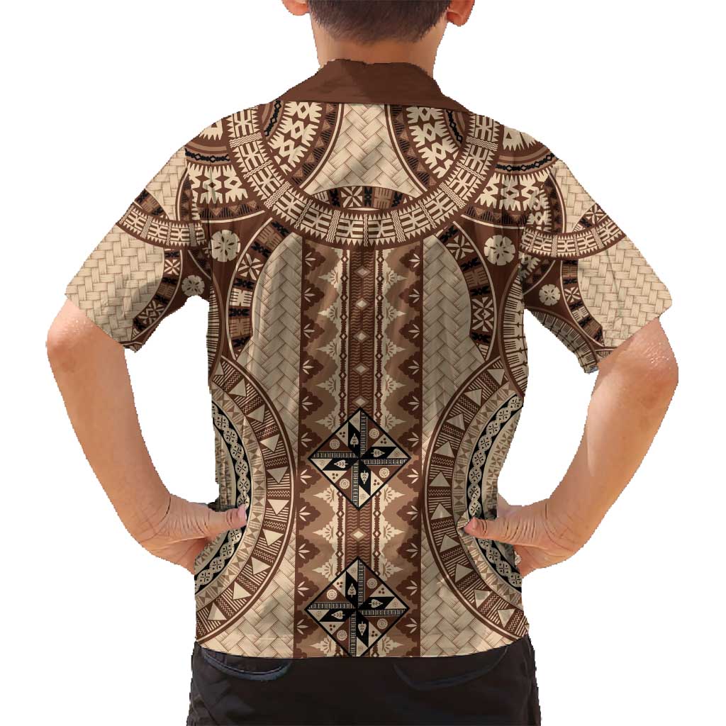 Bula Fiji Vintage Family Matching Long Sleeve Bodycon Dress and Hawaiian Shirt Brown Masi Motifs LT7 - Polynesian Pride