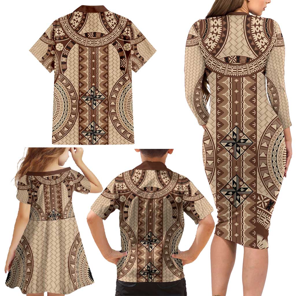 Bula Fiji Vintage Family Matching Long Sleeve Bodycon Dress and Hawaiian Shirt Brown Masi Motifs LT7 - Polynesian Pride