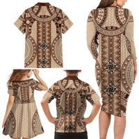 Bula Fiji Vintage Family Matching Long Sleeve Bodycon Dress and Hawaiian Shirt Brown Masi Motifs LT7 - Polynesian Pride