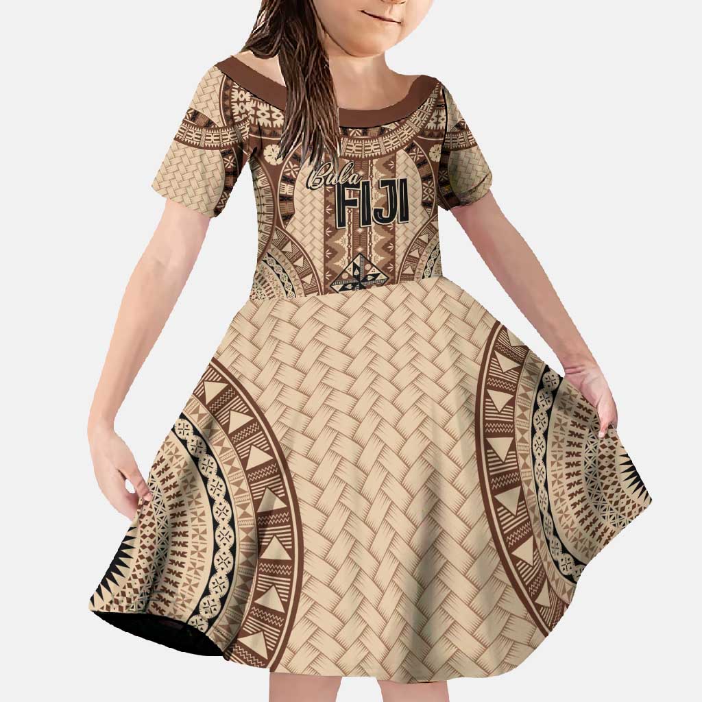 Bula Fiji Vintage Family Matching Mermaid Dress and Hawaiian Shirt Brown Masi Motifs LT7 Daughter's Dress Brown - Polynesian Pride