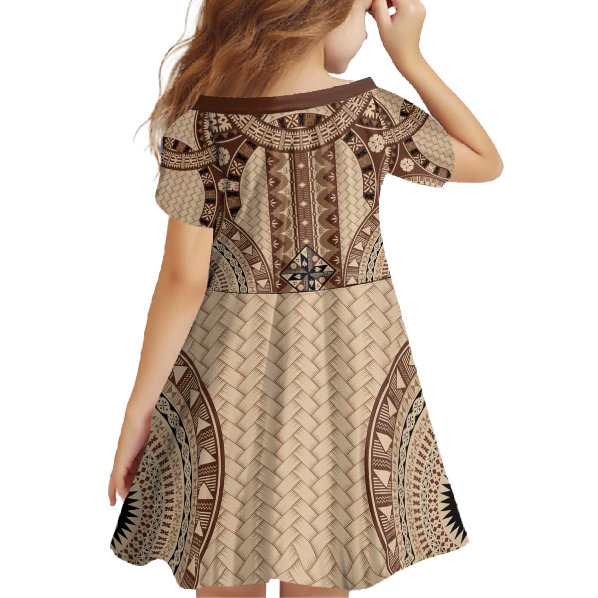 Bula Fiji Vintage Family Matching Off The Shoulder Long Sleeve Dress and Hawaiian Shirt Brown Masi Motifs LT7 - Polynesian Pride