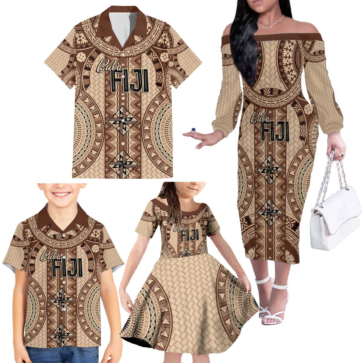 Bula Fiji Vintage Family Matching Off The Shoulder Long Sleeve Dress and Hawaiian Shirt Brown Masi Motifs LT7 - Polynesian Pride