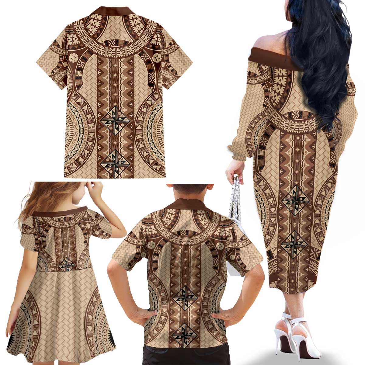 Bula Fiji Vintage Family Matching Off The Shoulder Long Sleeve Dress and Hawaiian Shirt Brown Masi Motifs LT7 - Polynesian Pride