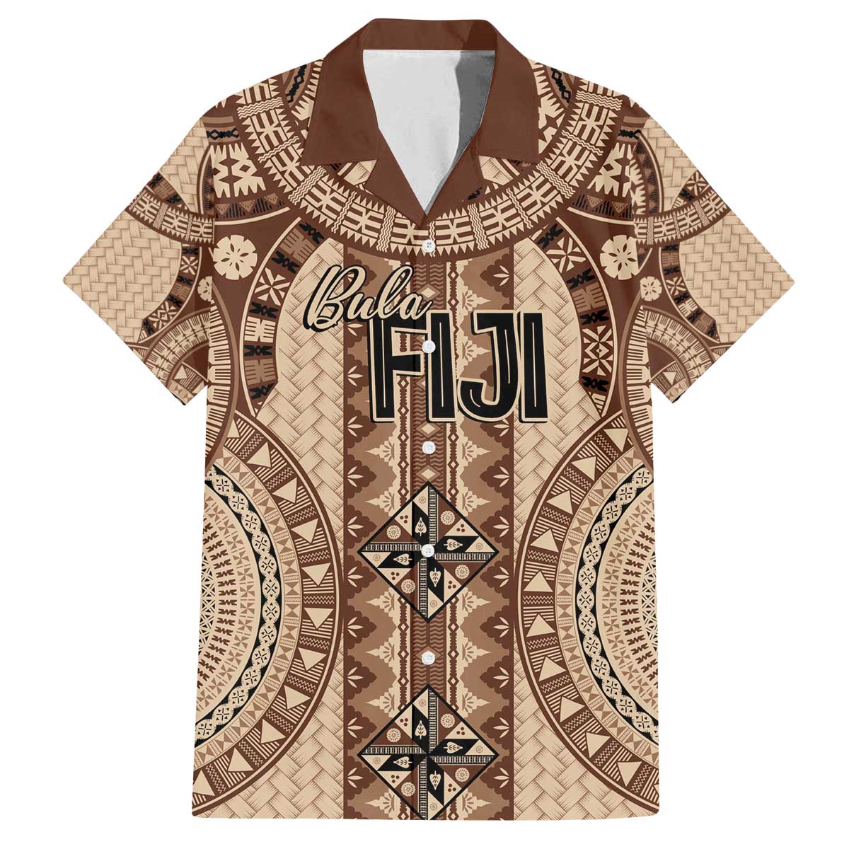 Bula Fiji Vintage Family Matching Off The Shoulder Long Sleeve Dress and Hawaiian Shirt Brown Masi Motifs LT7 Dad's Shirt - Short Sleeve Brown - Polynesian Pride