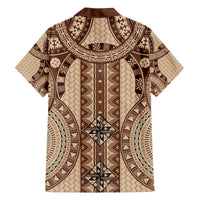 Bula Fiji Vintage Family Matching Off The Shoulder Long Sleeve Dress and Hawaiian Shirt Brown Masi Motifs LT7 - Polynesian Pride