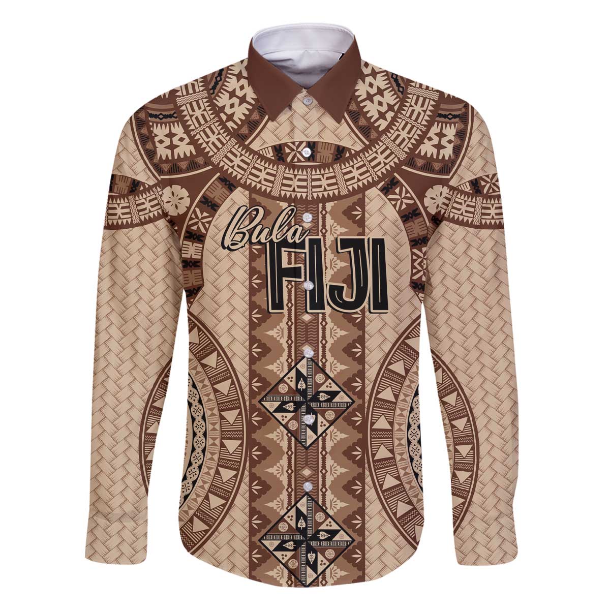 Bula Fiji Vintage Family Matching Off The Shoulder Long Sleeve Dress and Hawaiian Shirt Brown Masi Motifs LT7 Dad's Shirt - Long Sleeve Brown - Polynesian Pride
