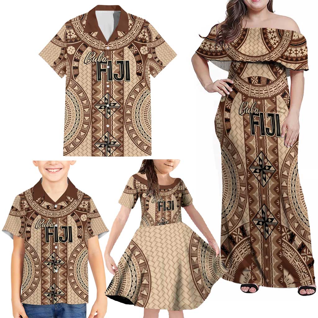 Bula Fiji Vintage Family Matching Off Shoulder Maxi Dress and Hawaiian Shirt Brown Masi Motifs LT7 - Polynesian Pride