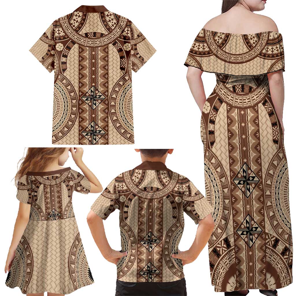 Bula Fiji Vintage Family Matching Off Shoulder Maxi Dress and Hawaiian Shirt Brown Masi Motifs LT7 - Polynesian Pride