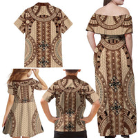 Bula Fiji Vintage Family Matching Off Shoulder Maxi Dress and Hawaiian Shirt Brown Masi Motifs LT7 - Polynesian Pride