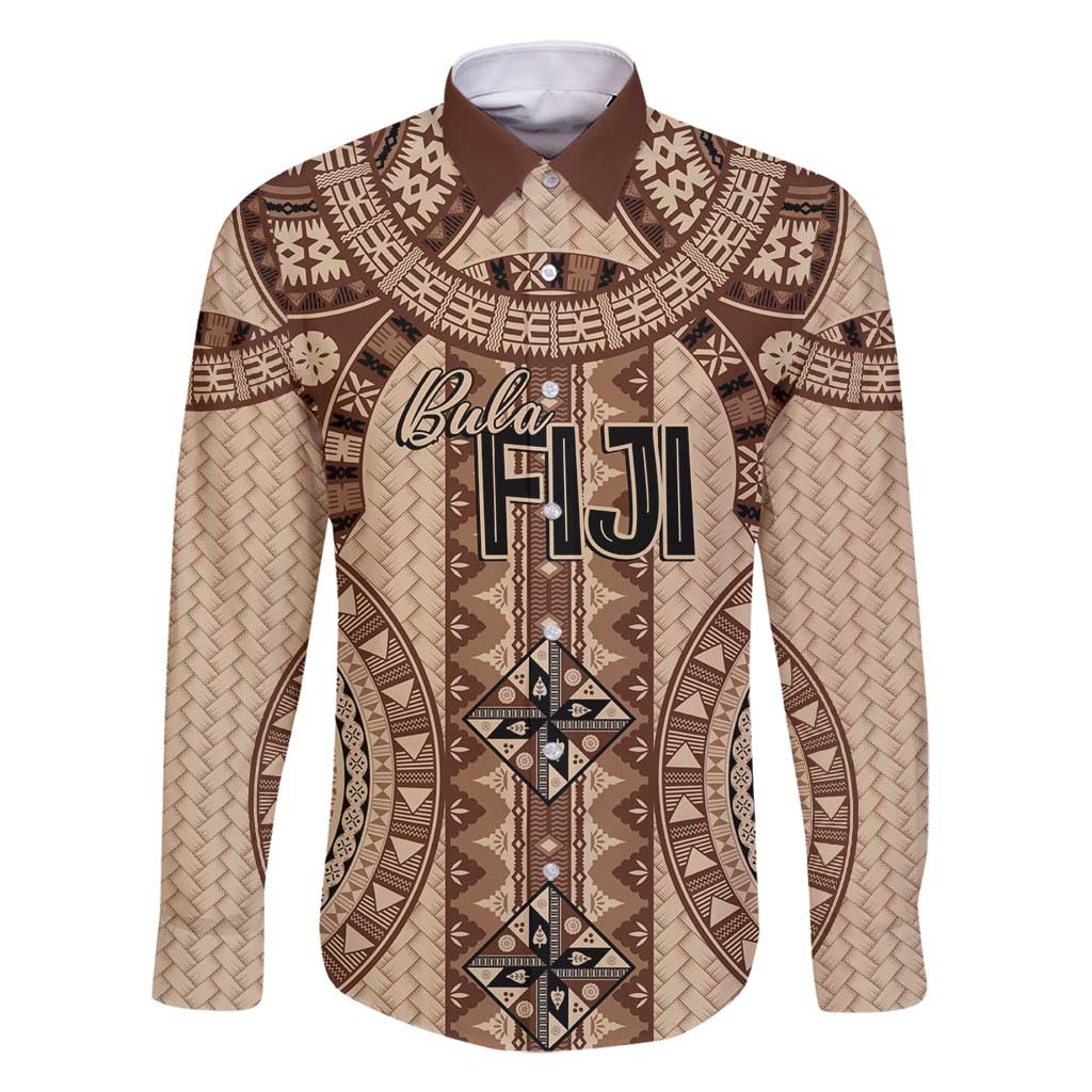 Bula Fiji Vintage Family Matching Off Shoulder Maxi Dress and Hawaiian Shirt Brown Masi Motifs LT7 Dad's Shirt - Long Sleeve Brown - Polynesian Pride