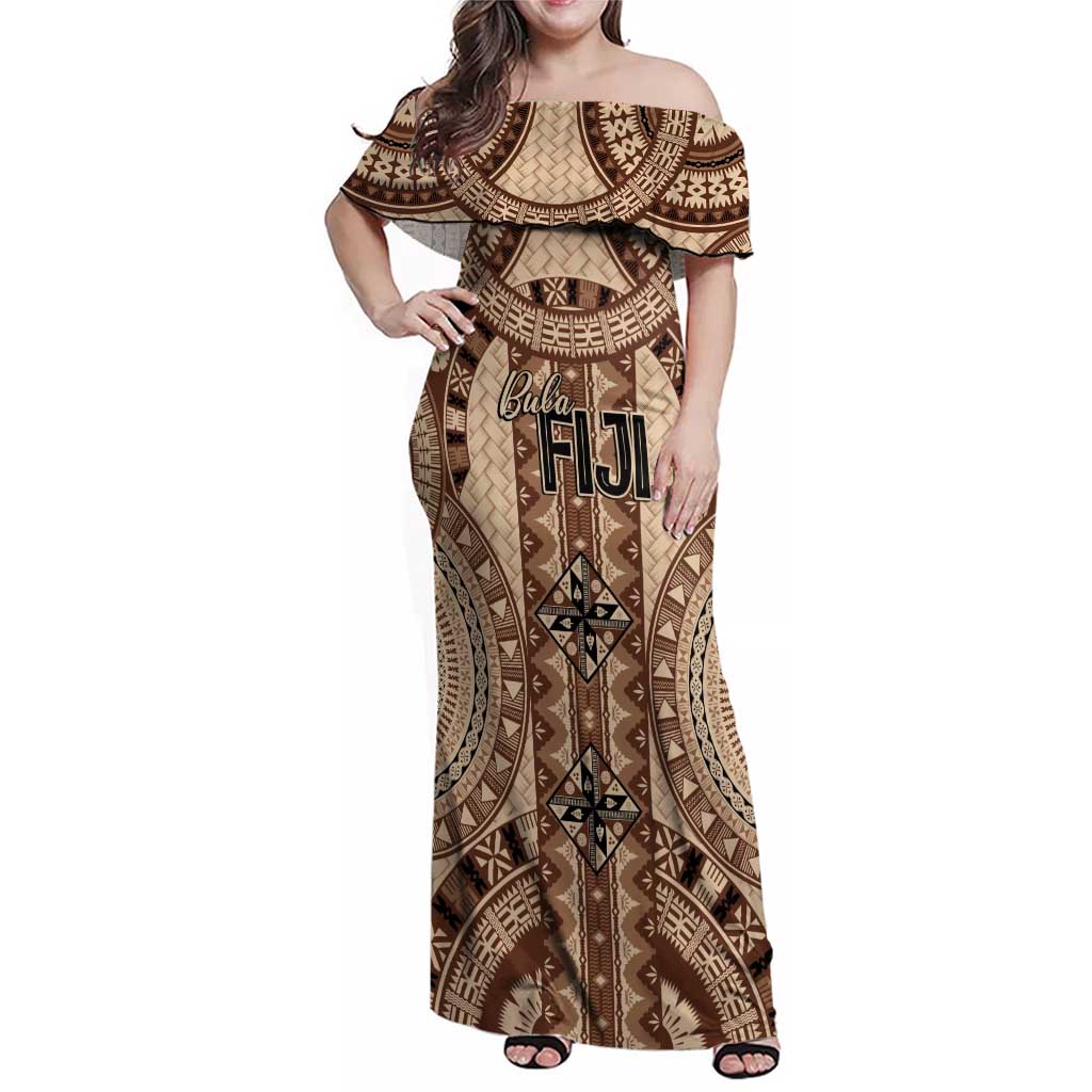Bula Fiji Vintage Family Matching Off Shoulder Maxi Dress and Hawaiian Shirt Brown Masi Motifs LT7 Mom's Dress Brown - Polynesian Pride