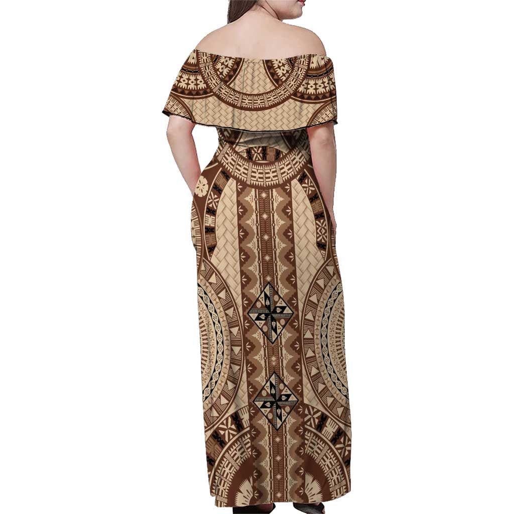 Bula Fiji Vintage Family Matching Off Shoulder Maxi Dress and Hawaiian Shirt Brown Masi Motifs LT7 - Polynesian Pride