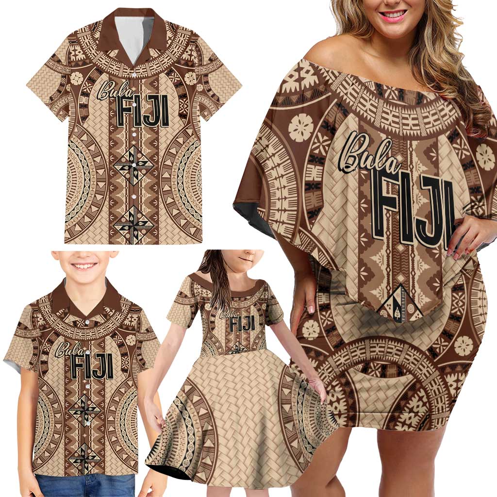 Bula Fiji Vintage Family Matching Off Shoulder Short Dress and Hawaiian Shirt Brown Masi Motifs LT7 - Polynesian Pride