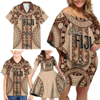 Bula Fiji Vintage Family Matching Off Shoulder Short Dress and Hawaiian Shirt Brown Masi Motifs LT7 - Polynesian Pride