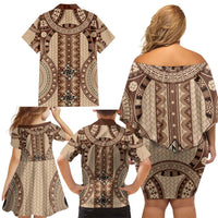 Bula Fiji Vintage Family Matching Off Shoulder Short Dress and Hawaiian Shirt Brown Masi Motifs LT7 - Polynesian Pride
