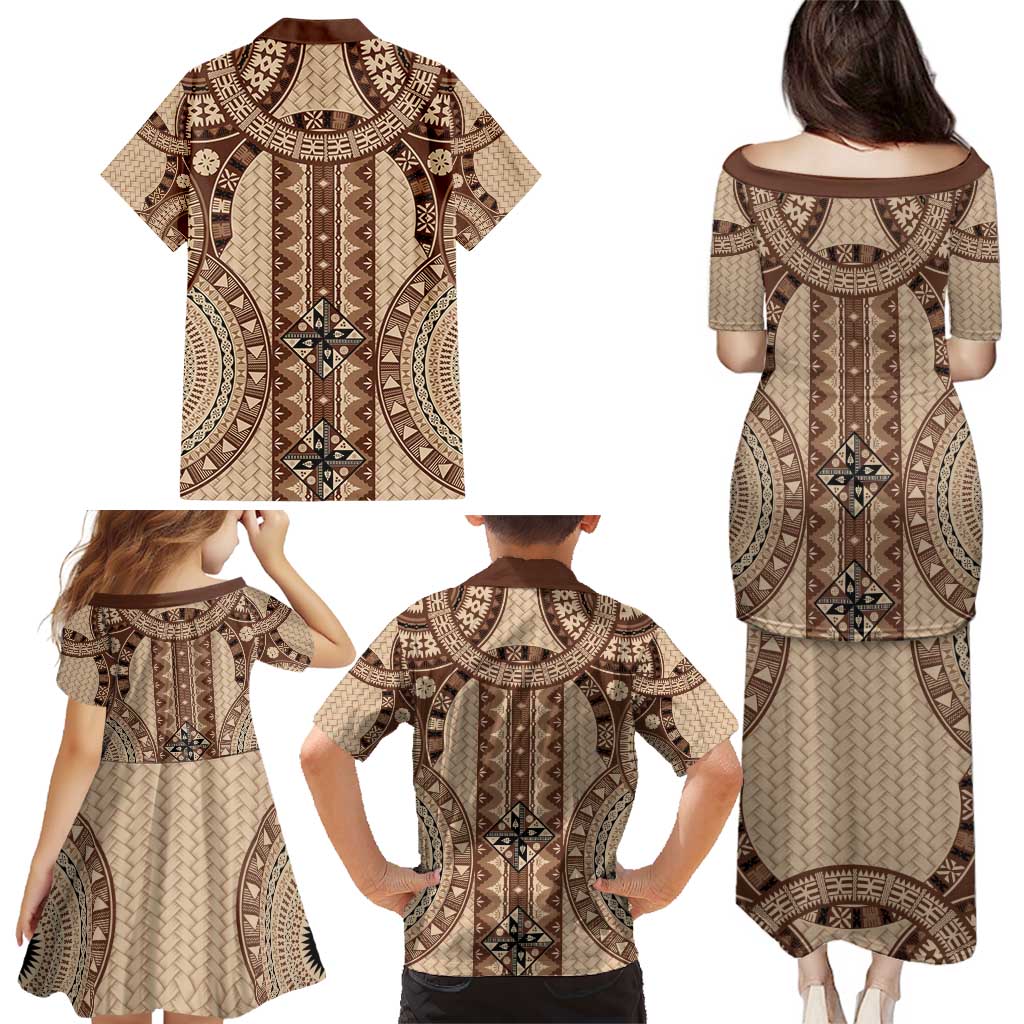 Bula Fiji Vintage Family Matching Puletasi and Hawaiian Shirt Brown Masi Motifs