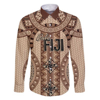 Bula Fiji Vintage Family Matching Short Sleeve Bodycon Dress and Hawaiian Shirt Brown Masi Motifs LT7 Dad's Shirt - Long Sleeve Brown - Polynesian Pride